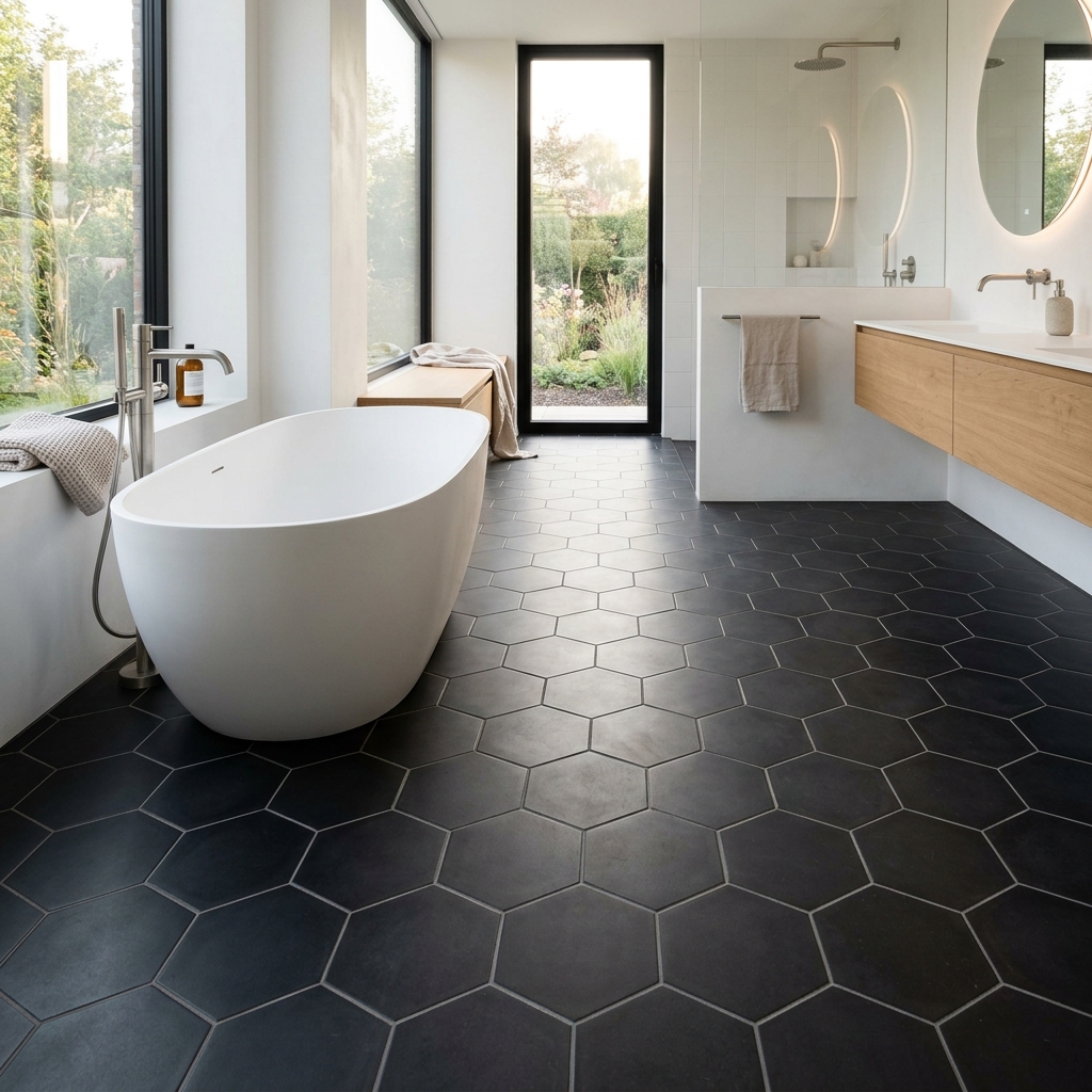 Geometric Basalt Bath Floor