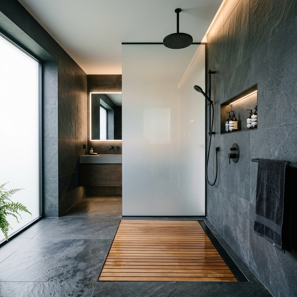 Charcoal Slate & Teak Wet Room