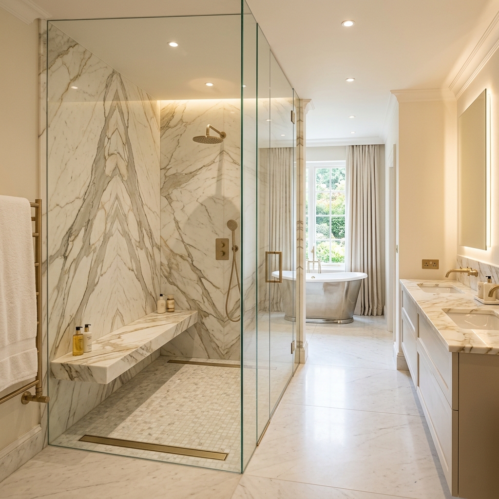 Tiled walk-in shower with stone walls and bench